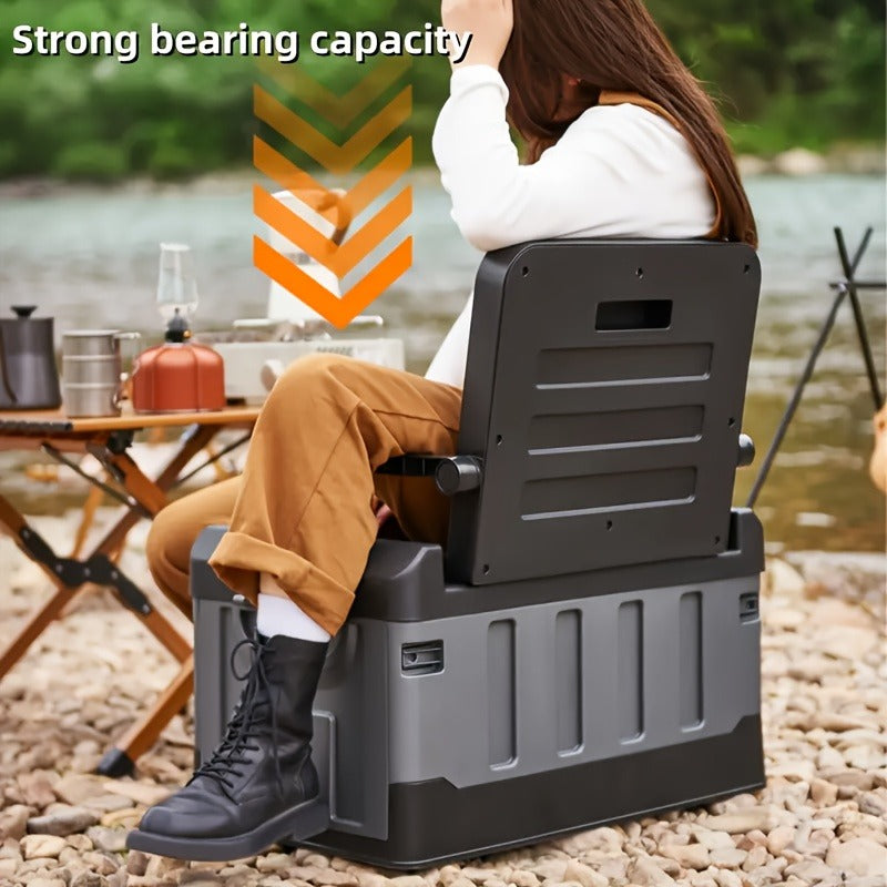 Folding Storage Box & Fishing Stool 2-in-1 – Large Capacity Portable Organizer with Backrest for Car Trunk, Outdoor Camping, Beach & Home Storage