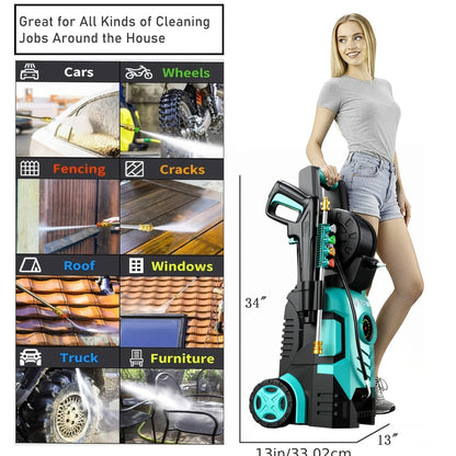 Pressure Washer 5000PSI Electric Power Washer 2.4-3.6GPM Adjustable 8-Level Touch Screen 34" Tall 4 Quick-Connect Nozzles for Cars Fences Driveways Patios