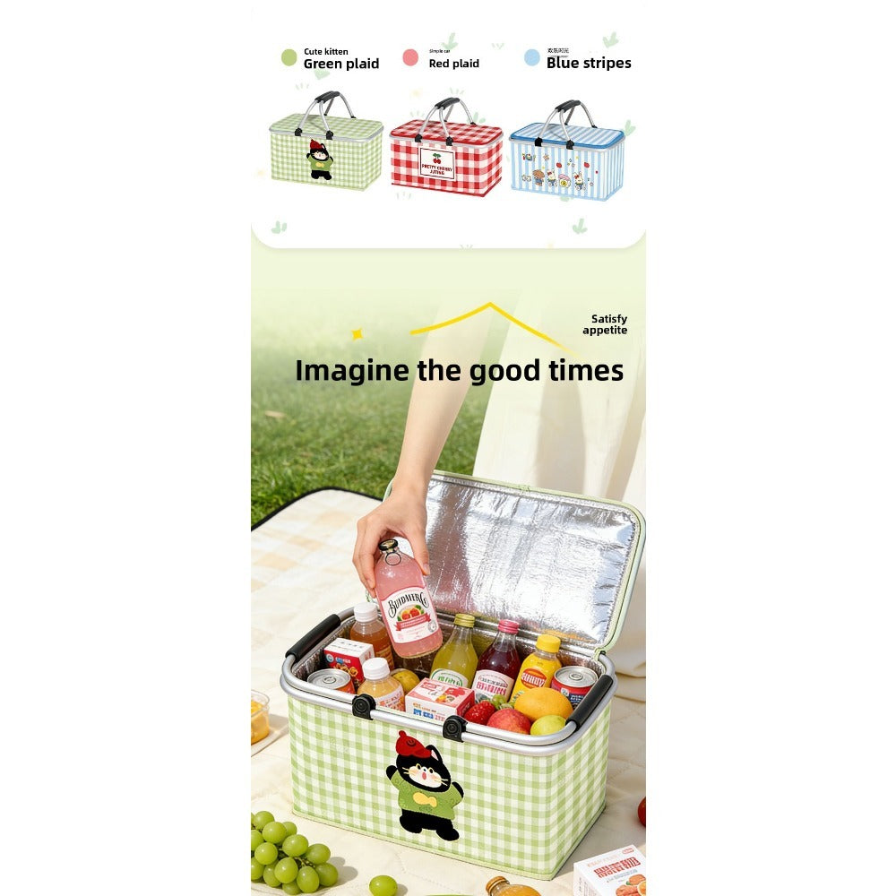 Insulated Picnic Box with Aluminum Frame – Collapsible Thermal Camping Storage Basket for Outdoor Picnic, BBQ, Travel & Camping with Cute Pattern Designs