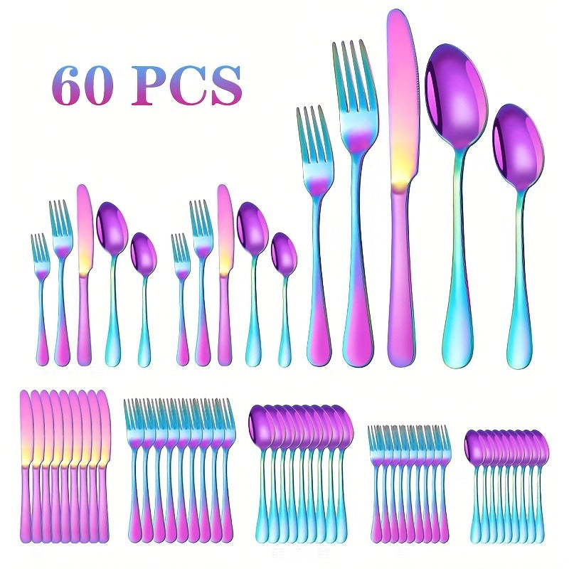Flatware Set 60 Piece Rainbow Stainless Steel Cutlery 430 Mirror Polish Dishwasher Safe Knife Fork Spoon for Camping Picnic Travel Party Outdoor Dining Serves 12