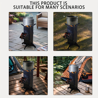 Rocket Stove Wood Burning Stove, Heavy-Duty Detachable Outdoor Cooking Stove for Courtyard, Camping & Grilling – Charcoal & Firewood Compatible, Black
