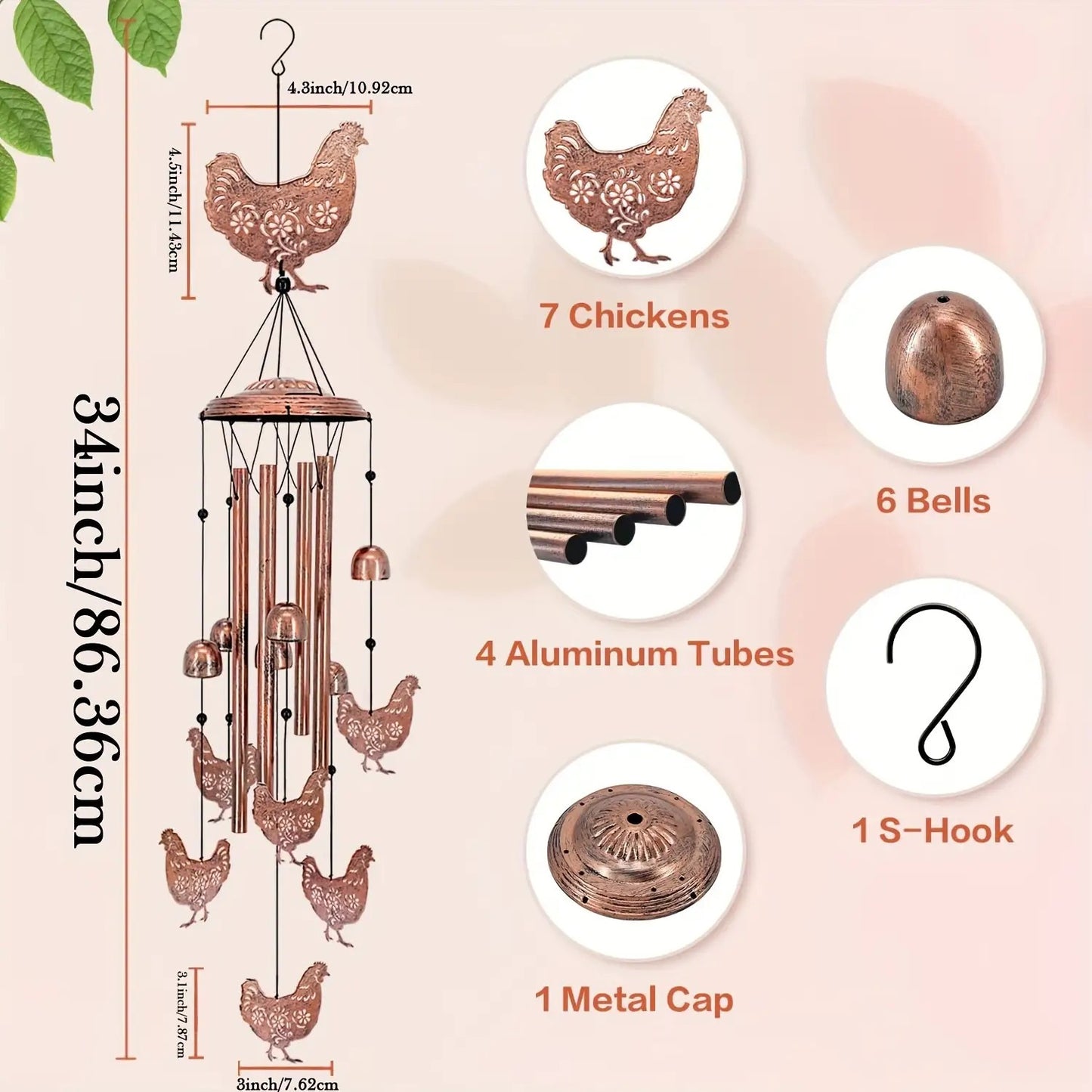 Wind Chime Outdoor Chicken Farmhouse Decor - Aluminum Tube Soothing Sound Garden Porch Patio Hanging Ornament