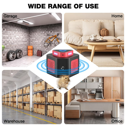 Plug-In Pest Repeller 4-in-1 – 360° Soundwave Coverage, Repels Mice, Rats, Cockroaches, Bats & Squirrels, Non-Toxic Safe Solution for Garage, Home & Office