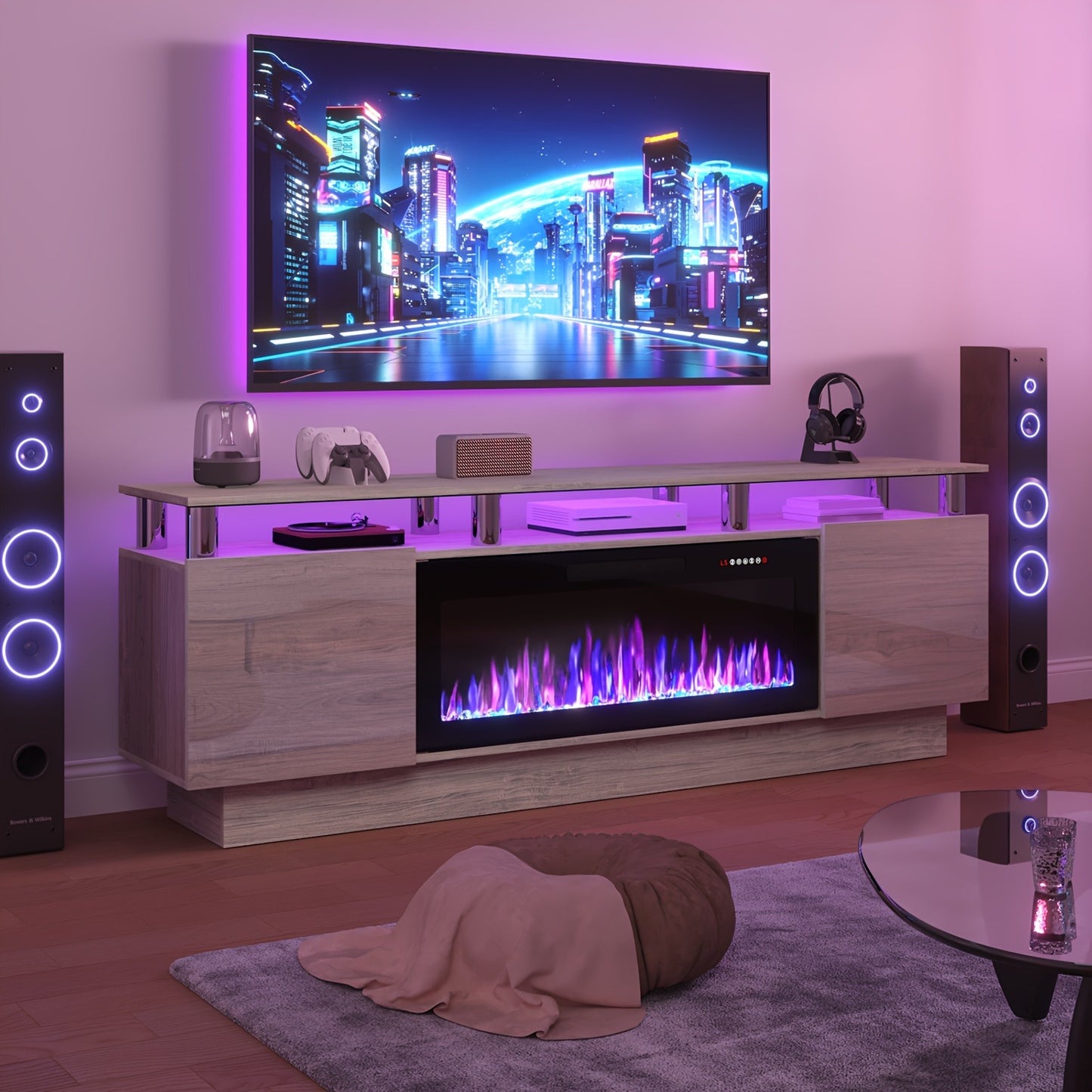 Fireplace TV Stand 70 Inch with 36" Electric Fireplace 2-Tier High Gloss Wood Entertainment Center LED Lights Cabinet Media Console Living Room