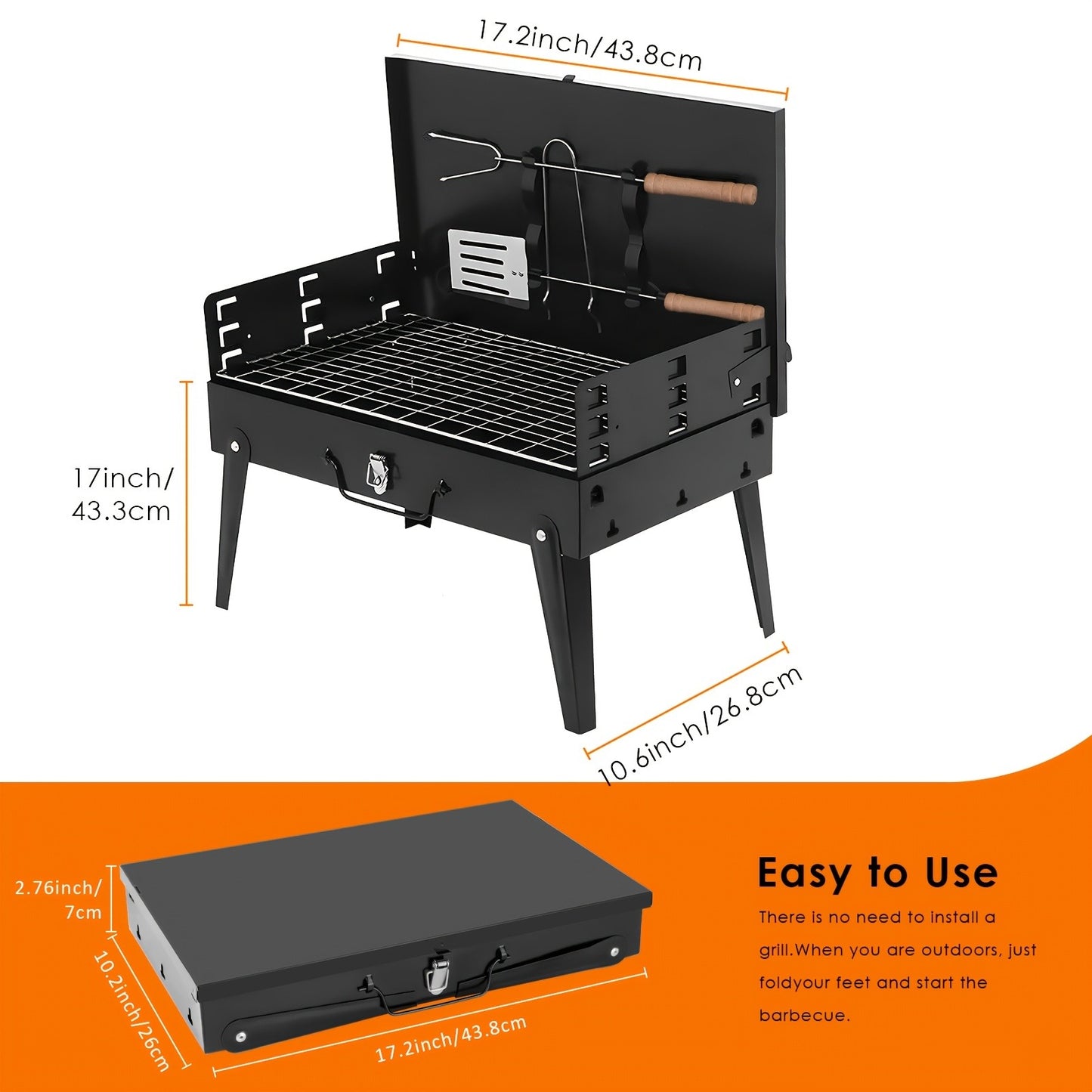 Charcoal Grill Portable BBQ with Hood – Foldable Compact Outdoor Barbecue Grill for Camping Tailgating Picnic Backyard Cookouts | Lightweight Steel with Accessories Included