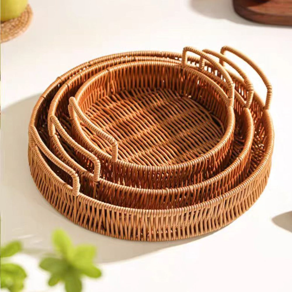 Woven Rattan Bread Basket Set of 3 Round Fruit Basket with Handles for Bread Fruit Vegetables Dim Sum Dining Table Catering Display Decor