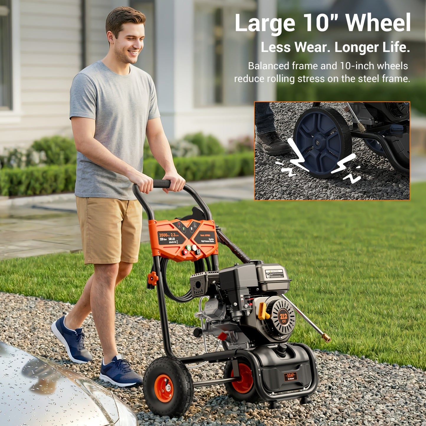 Gas Pressure Washer 3500PSI 7HP 212CC OHV Engine 2.3GPM 25-Foot Hose 4 Quick-Connect Nozzles Axial Cam Pump 10-Inch Pneumatic Tires for Driveways Decks Cars RV
