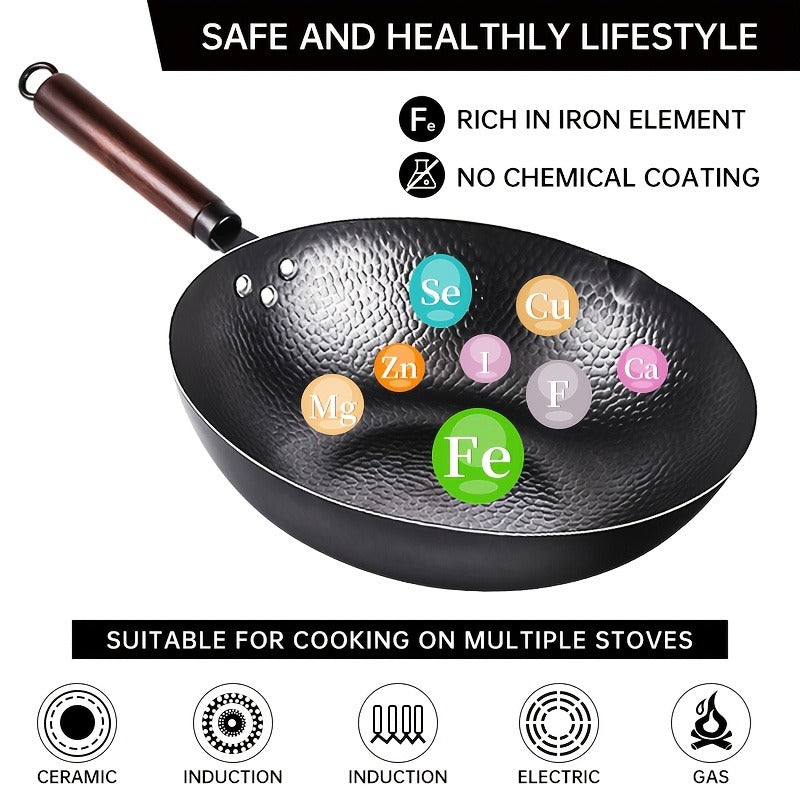 Wok Set Cast Iron 12.6 Inch Nonstick with 13 Accessories – Natural Nonstick No Chemical Coating Stir Fry Pan with Lid & Detachable Handle | Gas Electric Induction Ceramic Stovetop Kitchen Gift