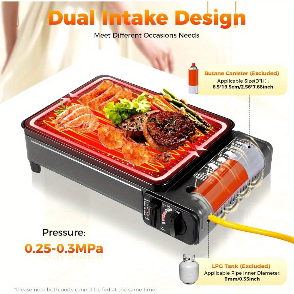Portable Camping Gas Stove with Dual Fuel Inlets, Adjustable Flame Control, Windproof Frame & Non-Slip Feet – Butane or LPG Outdoor Cooking Stove for Camping, Hiking & Patio
