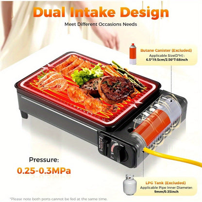 Portable Camping Gas Stove with Dual Fuel Inlets, Adjustable Flame Control, Windproof Frame & Non-Slip Feet – Butane or LPG Outdoor Cooking Stove for Camping, Hiking & Patio