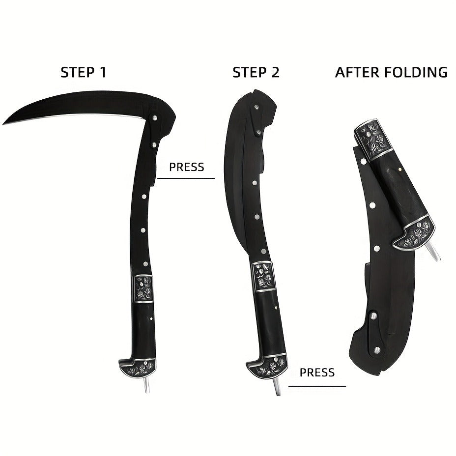 Folding Sickle Stainless Steel Flat Edge Blade with Black Wood Handle & Double Bolsters, Portable Weeding Scythe with Nylon Case for Gardening, Camping and Outdoor Survival