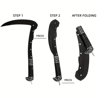 Folding Sickle Stainless Steel Flat Edge Blade with Black Wood Handle & Double Bolsters, Portable Weeding Scythe with Nylon Case for Gardening, Camping and Outdoor Survival