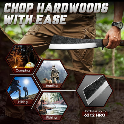 Machete High-Carbon Steel 7.8" Blade with Red Sandalwood Handle, Full Tang Outdoor Knife with Wood & Leather Case for Camping, Hiking, Gardening and Survival