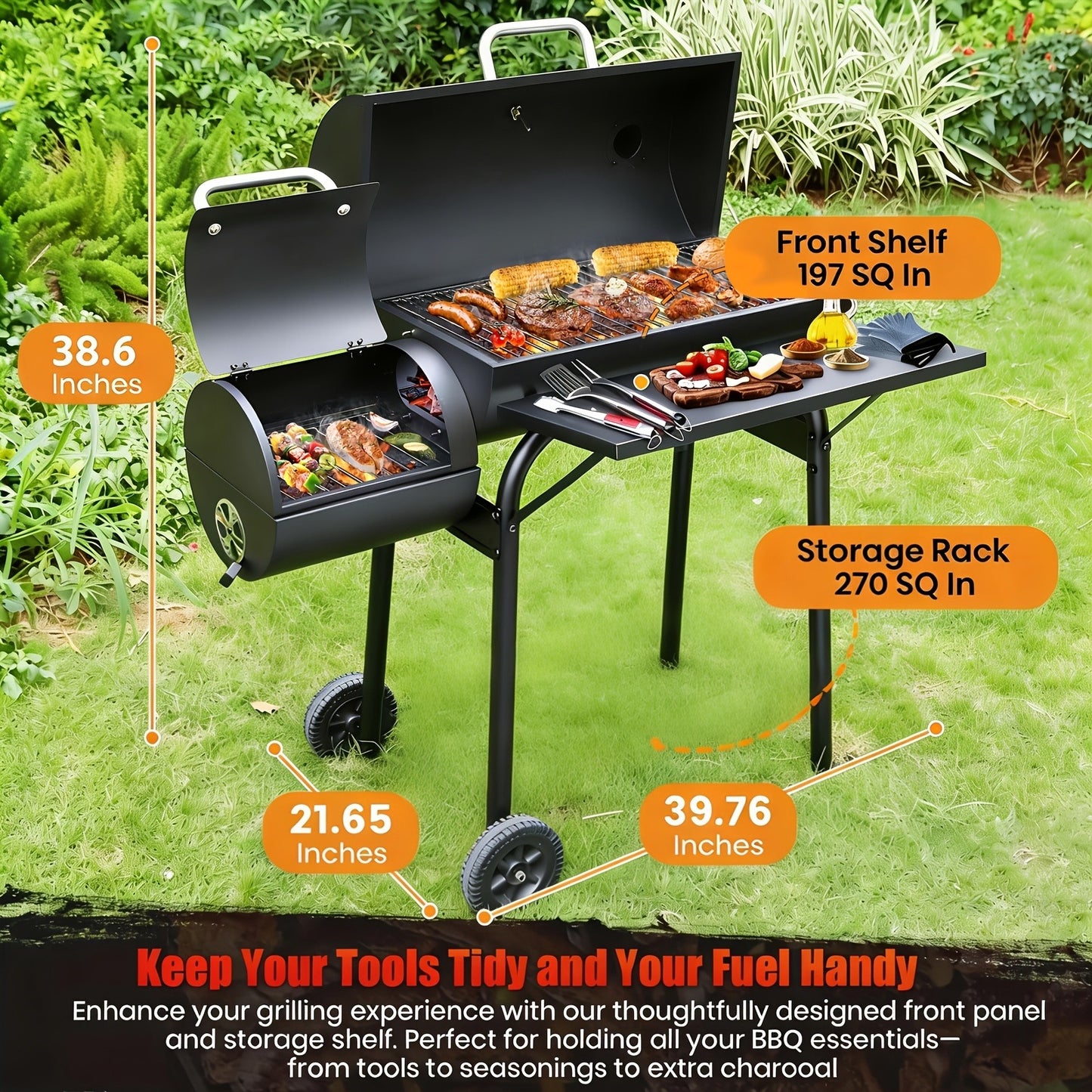 Charcoal Grill with Offset Smoker, Barrel BBQ Smoker Grill Combo for Backyard & Patio, Heavy-Duty Outdoor Charcoal Smoker with Side Firebox for Smoking, Grilling & BBQ Parties
