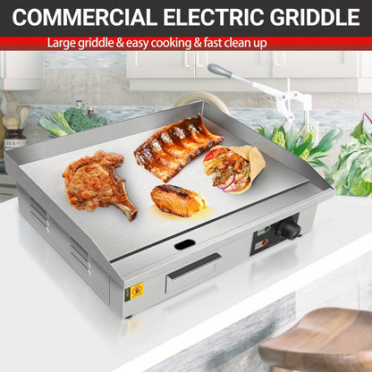 Flat Top Griddle 22 Inch 1600W Electric Countertop Teppanyaki Grill Non-Stick Stainless Steel Commercial Restaurant Griddle Adjustable Temp 50-300°C