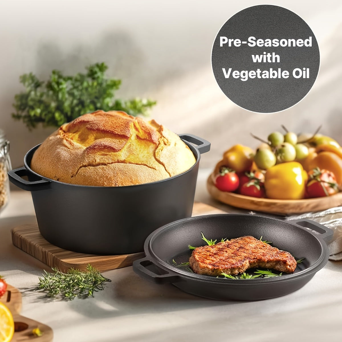 Cast Iron Dutch Oven Pre-Seasoned with Lid – Deep Pot for Bread Baking, Camping, BBQ & Stove | Double Handle, Silicone Lid, Scraper & Stand Included