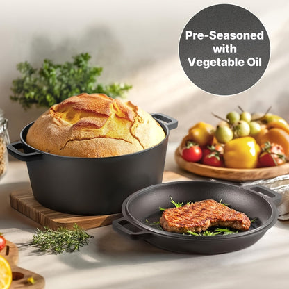 Cast Iron Dutch Oven Pre-Seasoned with Lid – Deep Pot for Bread Baking, Camping, BBQ & Stove | Double Handle, Silicone Lid, Scraper & Stand Included