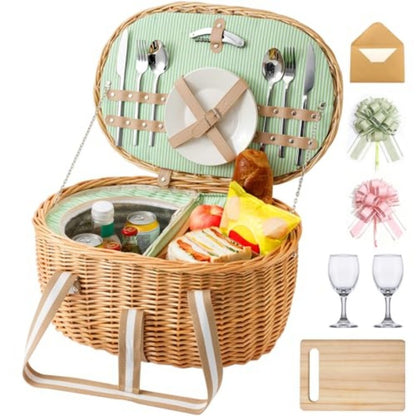 Wicker Picnic Basket for 2 with Insulated Cooler Compartment, Stainless Steel Cutlery Set, Ceramic Plates, Wine Glasses & Cheese Board – Outdoor Dining Hamper