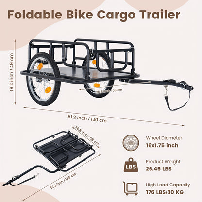 Foldable Bike Cargo Trailer | Heavy-Duty Bicycle Wagon Cart 176 Lbs Capacity, 16" Wheels, Reinforced Steel