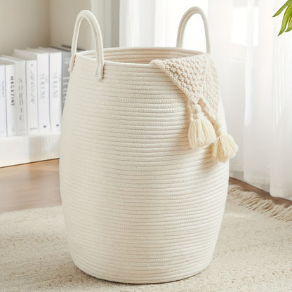 Laundry Basket Foldable Boho Hamper 22" Tall Oval Fabric with Long Handles Decorative Tassels Bedroom Bathroom Closet Storage