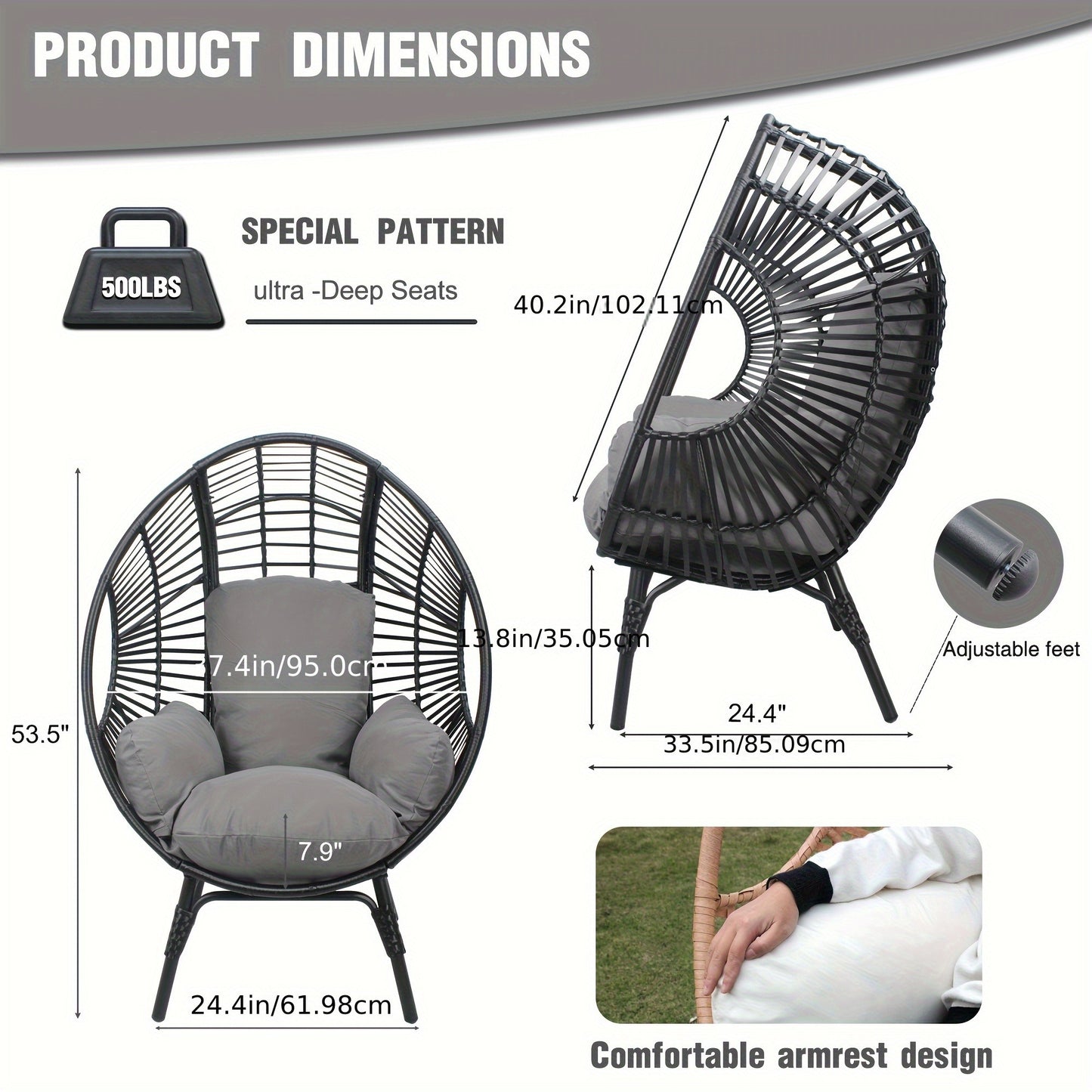 Egg Chair Outdoor Wicker Oversized Hanging Basket Chair with Stand & Cushion 500LBS Capacity UV-Resistant Rattan Style Patio Lounge Chair for Garden Backyard Balcony Porch Beige Black