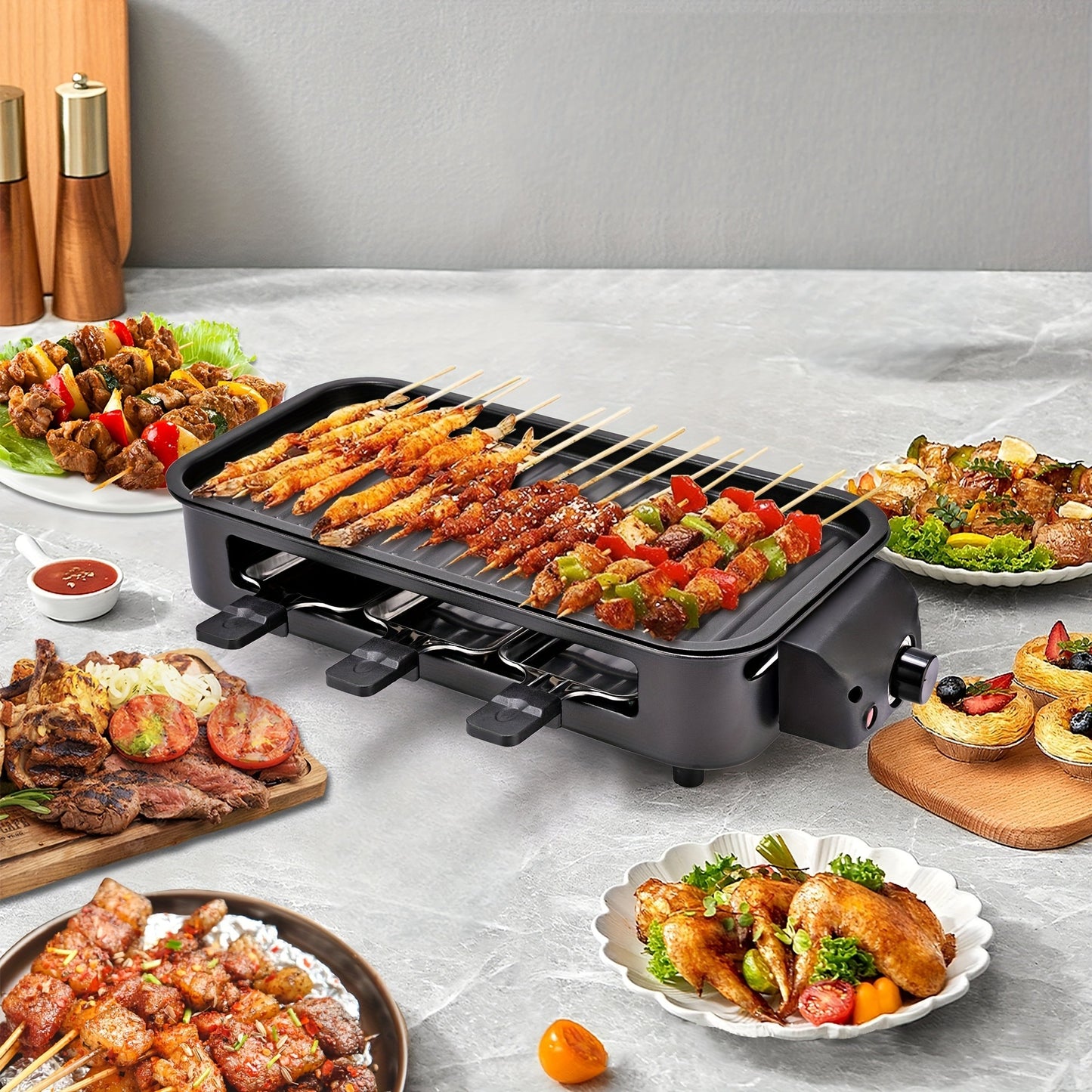 Indoor Smokeless Electric Grill 1500W Non-Stick Raclette Table Grill with Removable Plate & 3 Mini Pans Dishwasher Safe Compact BBQ Griddle