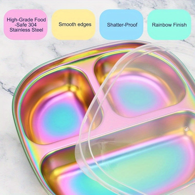 Divided Plates Stainless Steel Set of 4 with Lids - Kids Adults Portion Control Trays BPA Free Camping Meal Prep Picnic Outdoor Lunch Dinner Food Storage