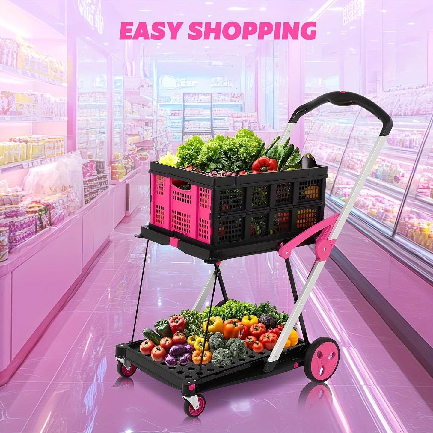Collapsible Utility Cart 200 lb Heavy Duty Foldable Shopping Trolley 4-Wheel 360° Swivel Locking Brake Lightweight Portable Dolly for Grocery Mall Camping Pink Purple