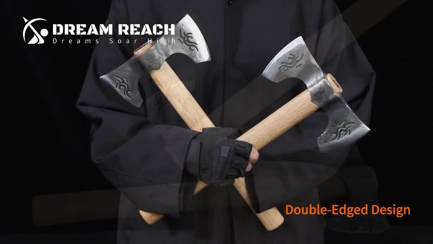 Viking Axe Set 2-Pack Hand Forged High-Carbon Steel 16-Inch Double-Sided Blade with Beech Wood Handle, Bushcraft Carving Axes for Chopping Wood, Camping and Gardening