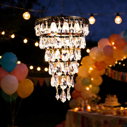 Solar Chandelier Outdoor Hanging Crystal Light 54 LED Warm White Waterproof Garden Yard Patio Gazebo Party Wedding Decor 6-Tier Oval Round