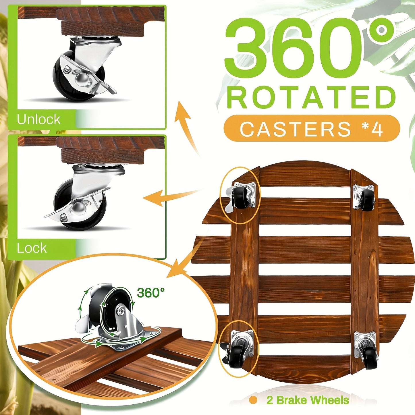 Rolling Plant Stand with Locking Wheels 2-Pack - Heavy Duty Wooden Planter Caddy for Indoor Outdoor Large Potted Plants, 12x12x3 Inch