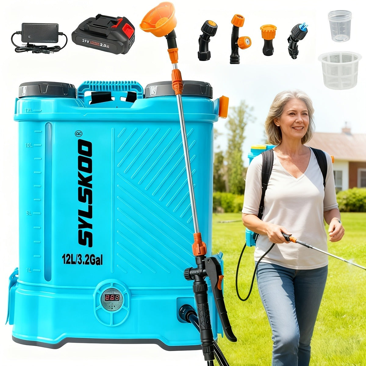 Battery Powered Backpack Sprayer 3.2 Gallon 0-80 PSI Adjustable Electric Garden Sprayer with Steel Telescopic Wand 5 Nozzles 2.0Ah 18V Battery & Charger