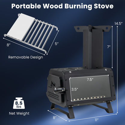 Camp Stove Wood Burning 2-in-1 Outdoor Cookstove & Heater, Carbon Steel, Glass-Ceramic Window, Dual Cooking Positions, Anti-Scald Handle, Foldable, 8.5 lbs for Camping Hiking