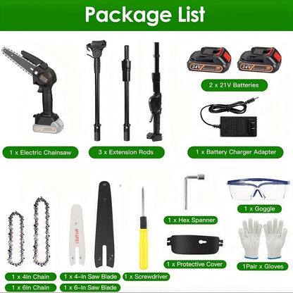 Tree Trimmer Pole Saw Cordless 2-in-1 with 4" & 6" Chains, 24V 1500mAh×2 Batteries, 3-Section Extendable to 71" & 90° Swivel Head for Branch Cutting