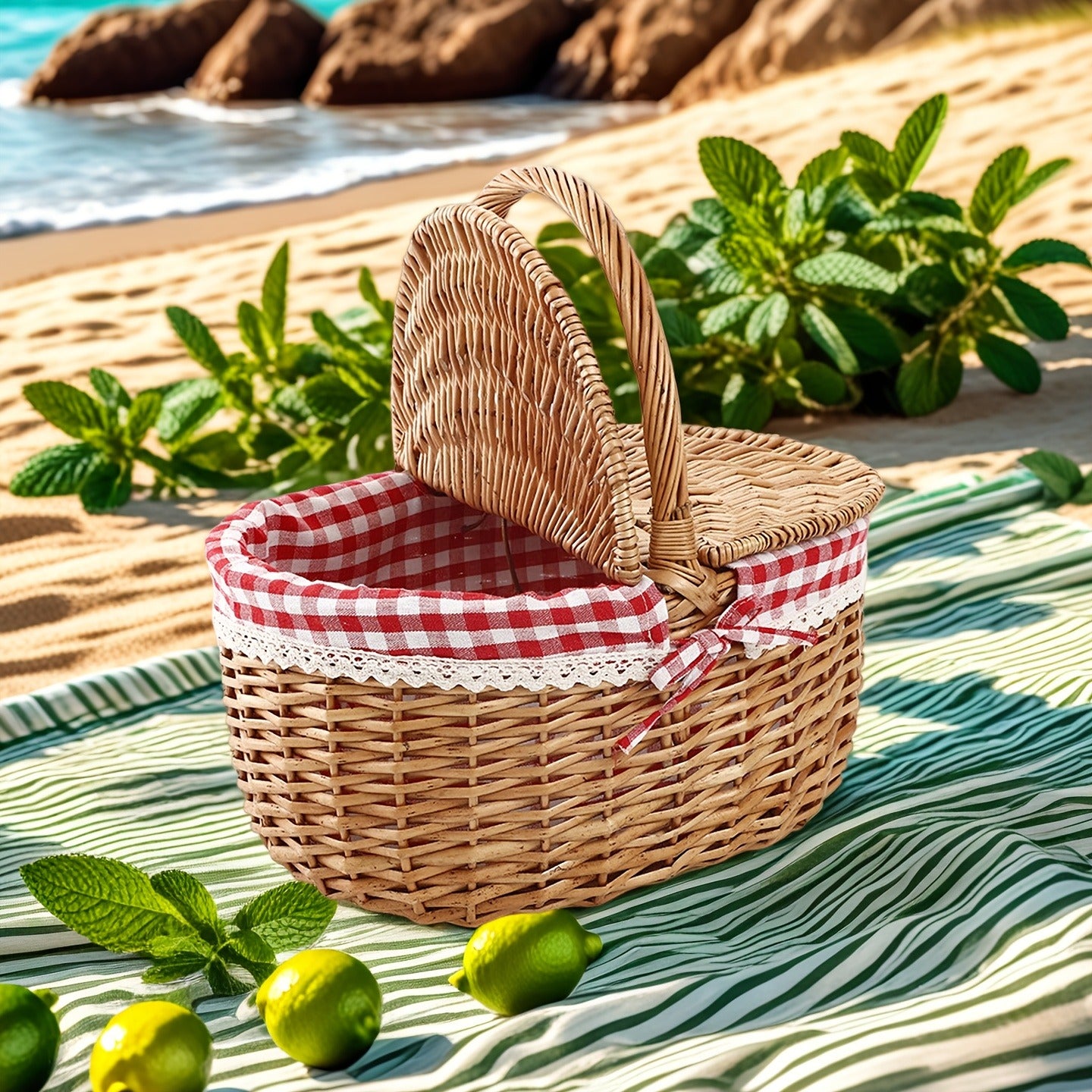 Lined Picnic Basket with Lid & Handles – Vintage Handcrafted Willow Woven Hamper with Linen Lining & Red White Checkered Tablecloth for Picnics & Camping