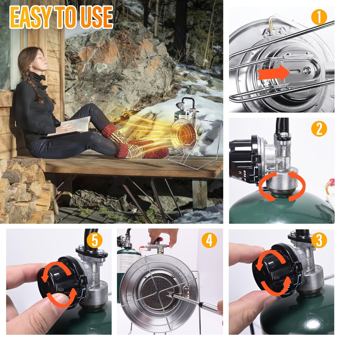 Portable Propane Heater 15,000 BTU with 8ft Hose & Piezo Igniter, 2-in-1 Propane Heater & Cooker, Tip-Over Protection, 3 Heat Settings – Camping, Garage, Patio, Ice Fishing, Hunting