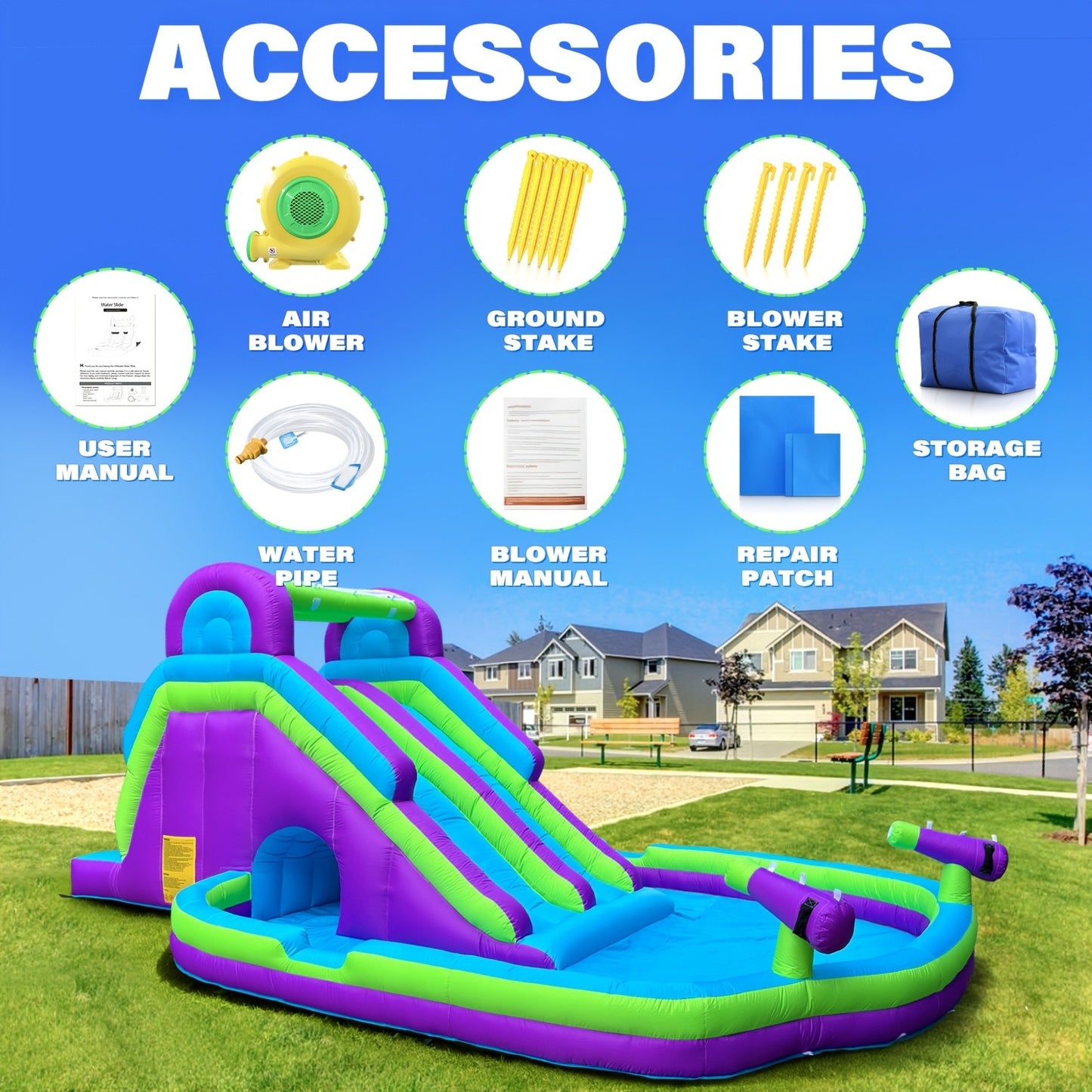 Inflatable Double Water Slide with Climbing Wall & Large Splash Pool – 17.72FT Backyard Water Park for Kids & Adults, Oxford Cloth, Blower Included