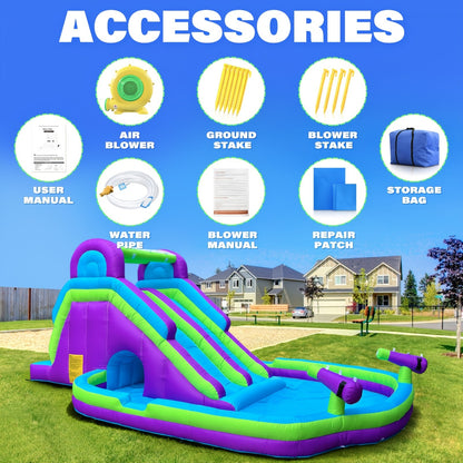 Inflatable Double Water Slide with Climbing Wall & Large Splash Pool – 17.72FT Backyard Water Park for Kids & Adults, Oxford Cloth, Blower Included