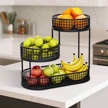 3-Tier Metal Fruit Basket Large Capacity Black Wire Rack | Kitchen Countertop Organizer for Fruits Vegetables Bread Snacks