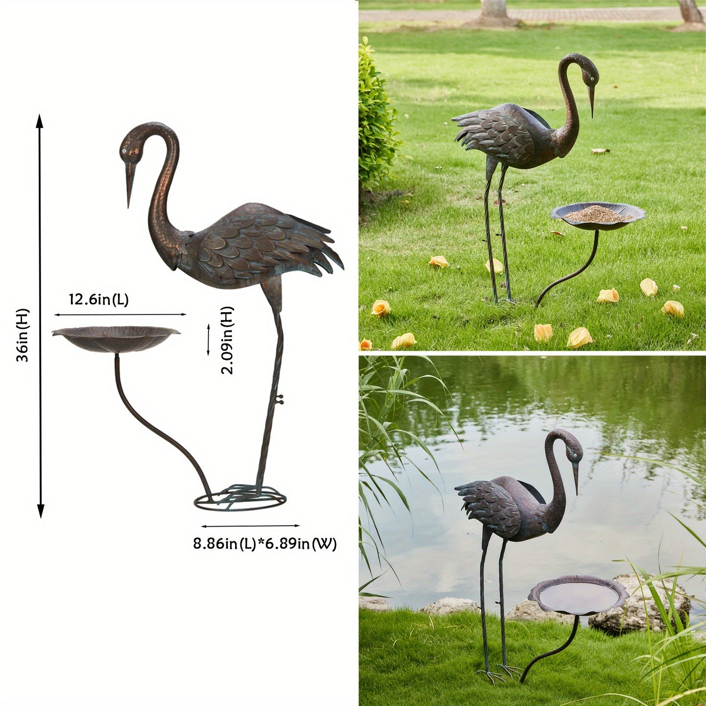 Bird Bath Outdoor Metal Crane Heron Sculpture 36" – Garden Feeder Stake Yard Lawn Patio Decor