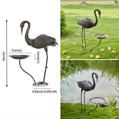 Bird Bath Outdoor Metal Crane Heron Sculpture 36" – Garden Feeder Stake Yard Lawn Patio Decor
