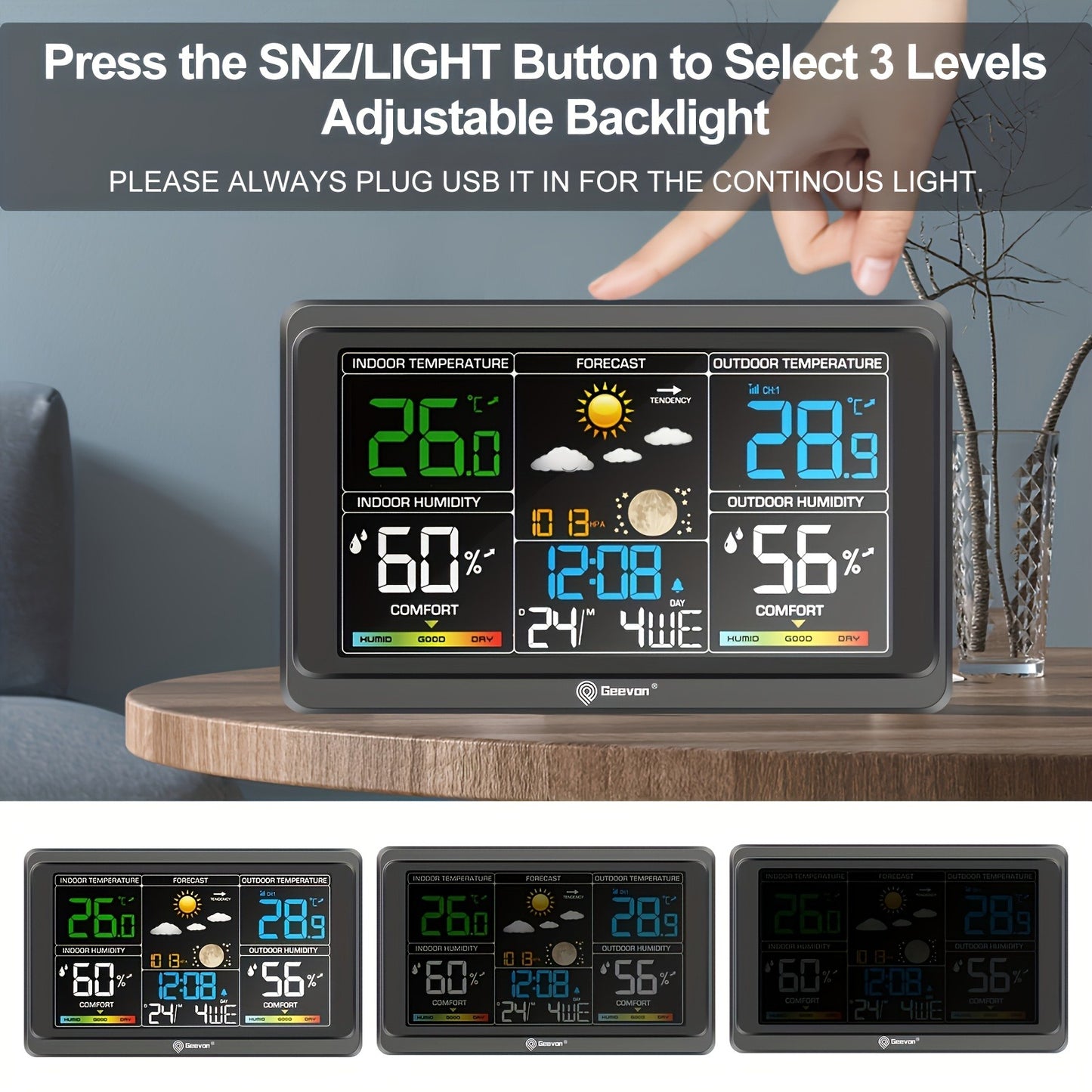 Wireless Weather Station - Indoor Outdoor Thermometer with 7.6" LCD, Barometer, Humidity, Moon Phase & USB Charging