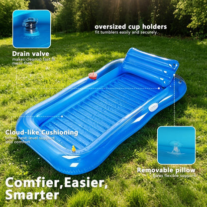 Inflatable Tanning Pool Lounger with Sprinkler | 74"x45" XL Pool Float with Pillow & Cup Holder for Adults