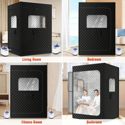 Double Person Sauna Tent 71x49x36in Extra Large 2-Person Steam Sauna Box for Home with 2 Steamers, Folding Chairs, Zipper Window & Anti-Dry Protection for Full Body Spa