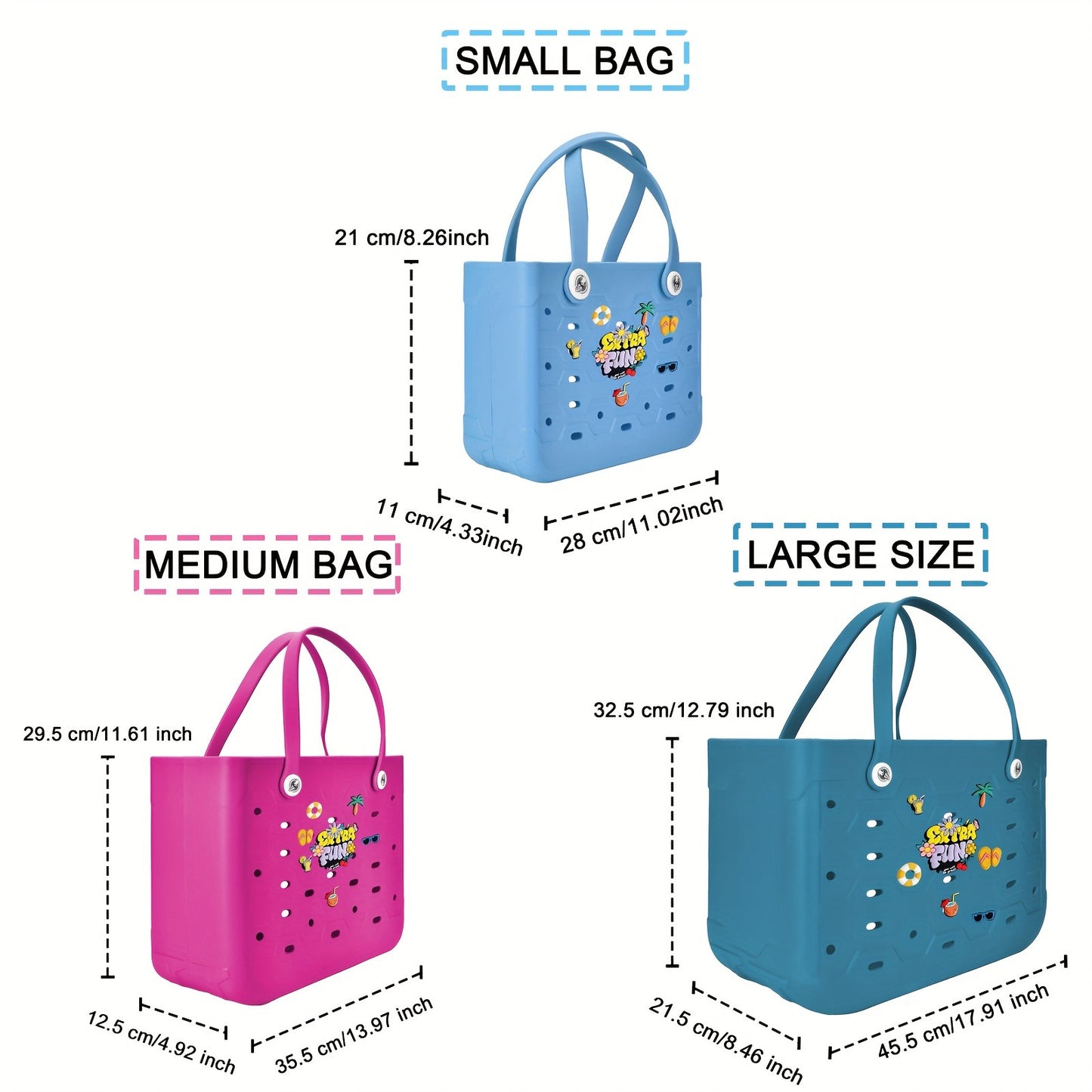 EVA Beach Bag for Women with Drainage Holes Waterproof Tote Bag Summer Outdoor Camping Shopping Travel Bag with Cute Decorations Multiple Colors S M L