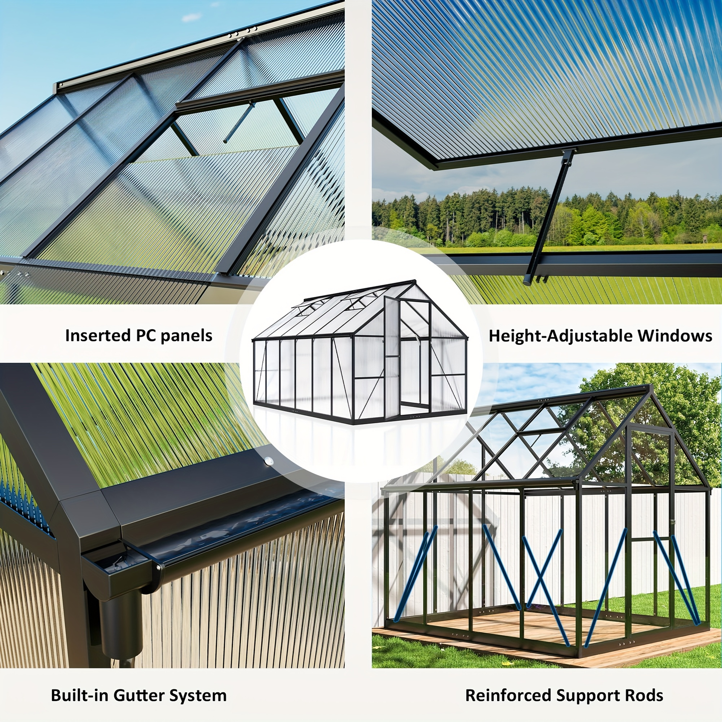 Polycarbonate Greenhouse Walk-In Aluminum Frame 720g PC Panels, 90% UV Protection, 5-Speed Roof Vents & Lockable Door for Backyard Year-Round Gardening, Multiple Sizes