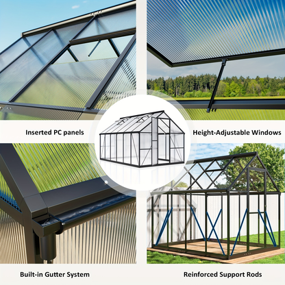 Polycarbonate Greenhouse Walk-In Aluminum Frame 720g PC Panels, 90% UV Protection, 5-Speed Roof Vents & Lockable Door for Backyard Year-Round Gardening, Multiple Sizes