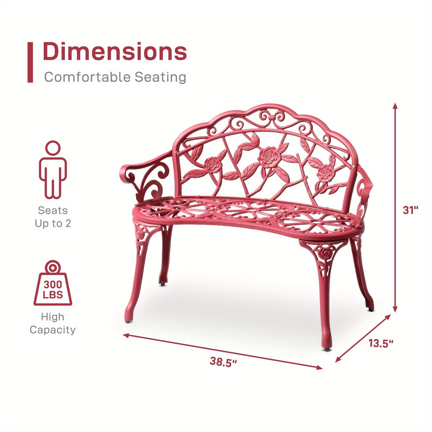 Outdoor Garden Bench Rose Pattern Cast Aluminum Floral Patio Bench with Armrests Vintage Metal Bench for Porch Courtyard Wedding Decor 38.5 Inch