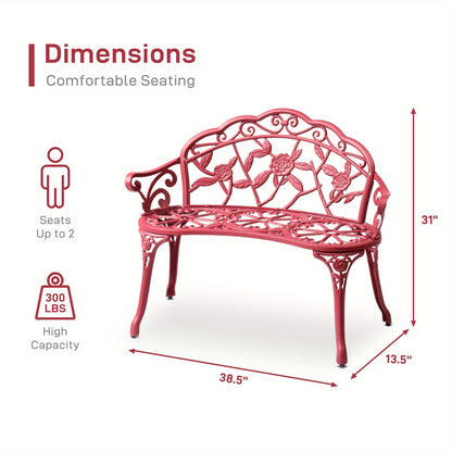 Outdoor Garden Bench Rose Pattern Cast Aluminum Floral Patio Bench with Armrests Vintage Metal Bench for Porch Courtyard Wedding Decor 38.5 Inch
