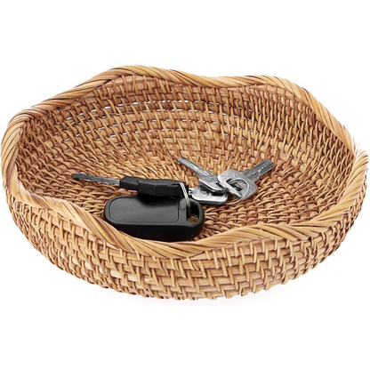Rattan Tray Bowl - 8.5 Inch Hand Woven Natural Wicker Basket Tray for Fruit, Bread, Keys, Tabletop Decor, Kitchen, Entryway & Living Room